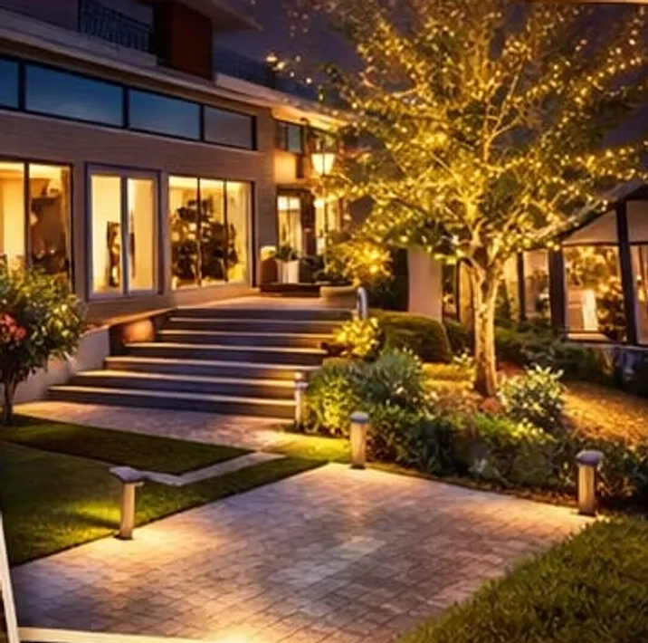 Fachada e jardim com iluminação decorativa à noite