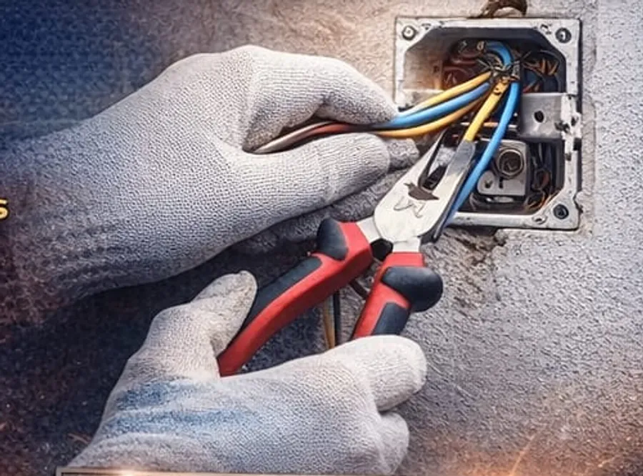 Instalação elétrica de tomada com fios e alicate